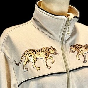 VINTAGE 80s cheetah‎ leopard embroidered graphic zip up knit sweatshirt jacket